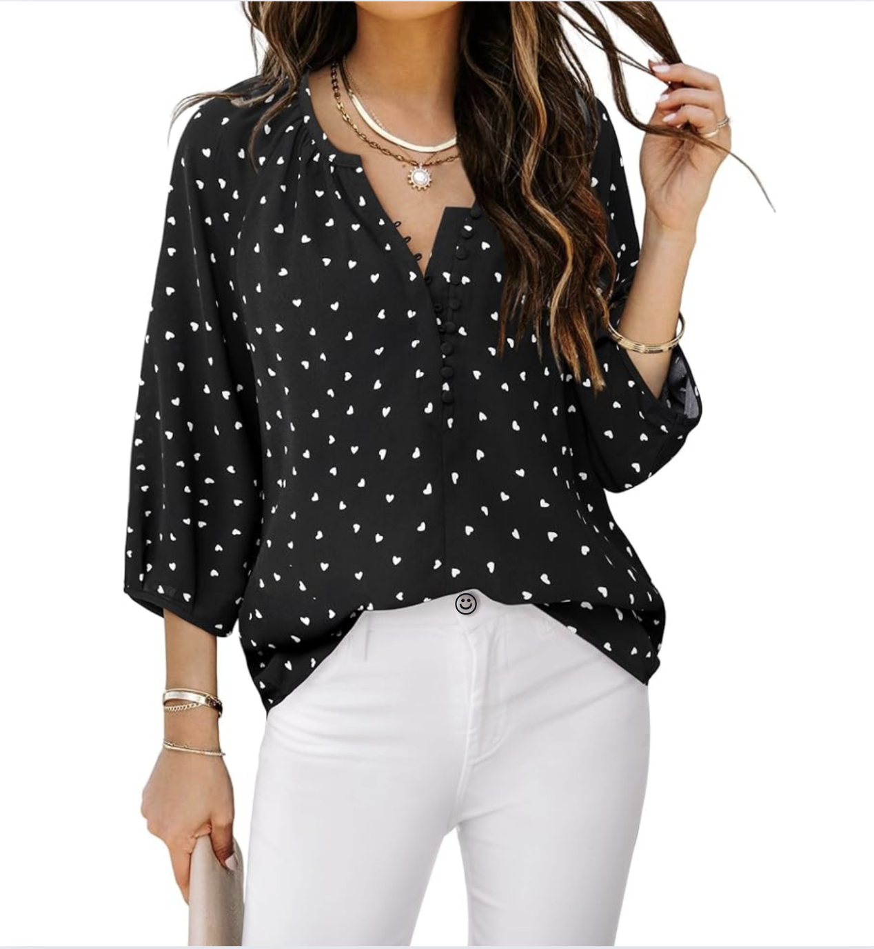 White and Black Polka Dot 3/4 Sleeve Chiffon Blouse Summer Outfits 2025
